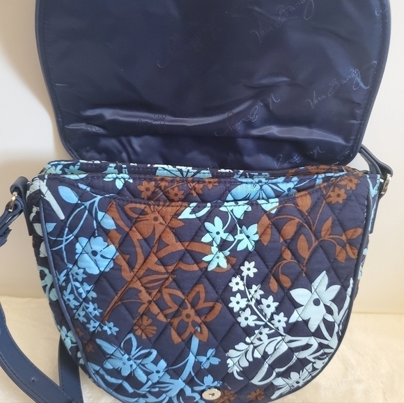 𝅺VERA Bradley Retired Fall 2016 Navy Blue Floral Slim Saddle Crossbody Bag Purse - Picture 7 of 16